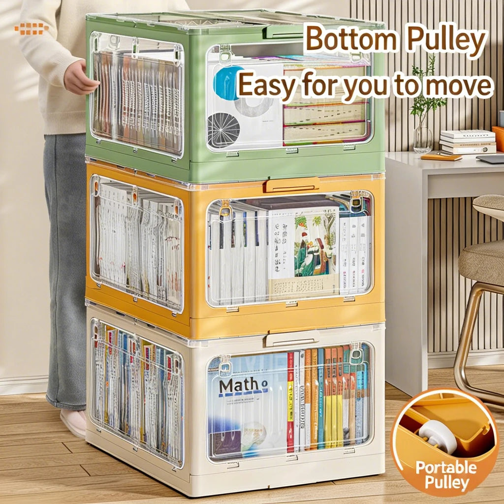 boîtes rangement livres transparentes couleurs beige verte orange moderne pliables pratiques