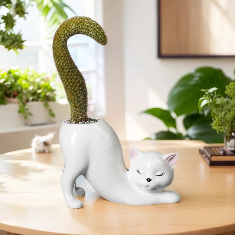 vase céramique forme chat cactus blanc vert decoratif minimaliste animalier
