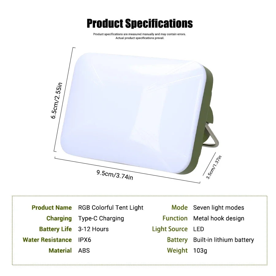 lampe camping rechargeable vert olive modes éclairage portable étanche crochetarrière led moderne