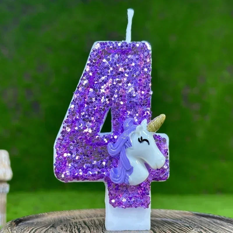 bougies anniversaire forme chiffre licorne pailletées violet blanches décoratives enfants