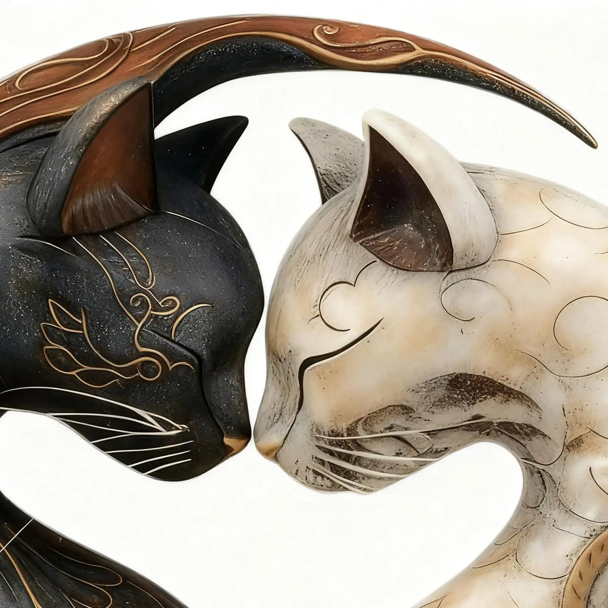 statue chats enlacés résine noire blanche motifs floraux décorative yin yang maison adulte