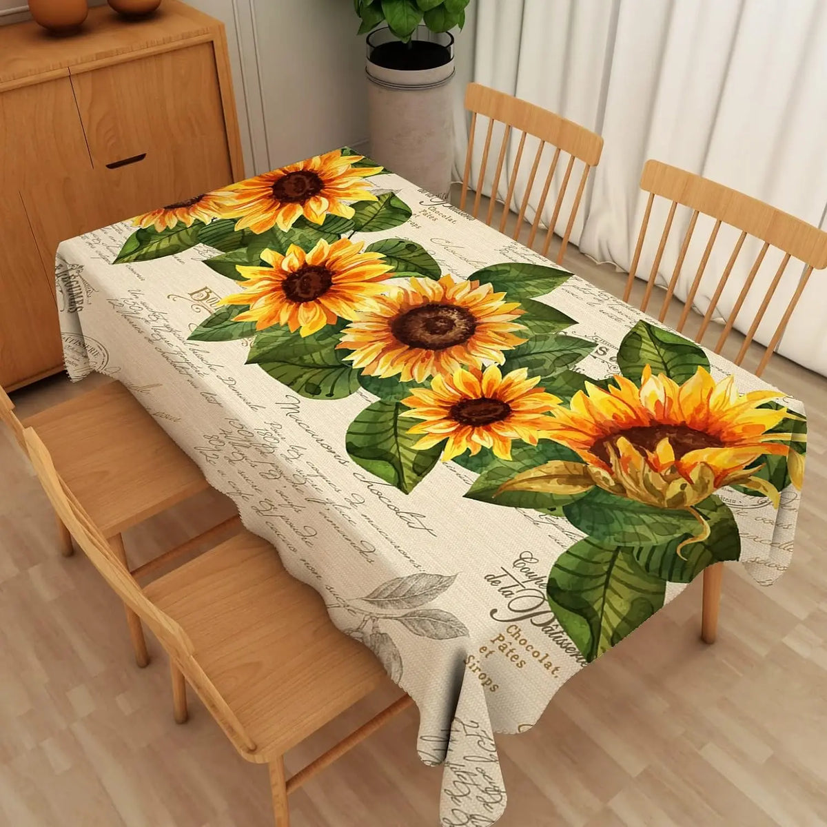nappe rectangulaire imprimée tournesol fleurs jaunes feuilles vintage maison réutilisable polyester blanc jaune verte