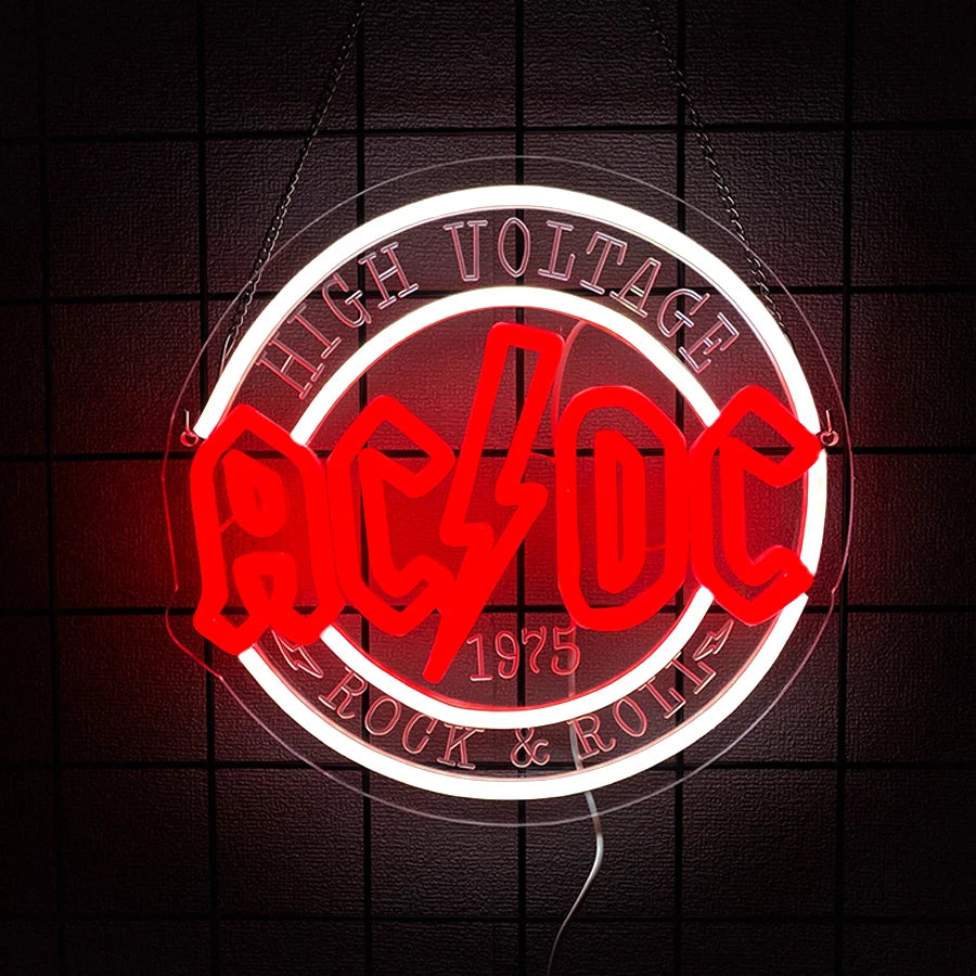 néon lumineux rock roll ac dc high voltage couleurs vives logo texte fixations