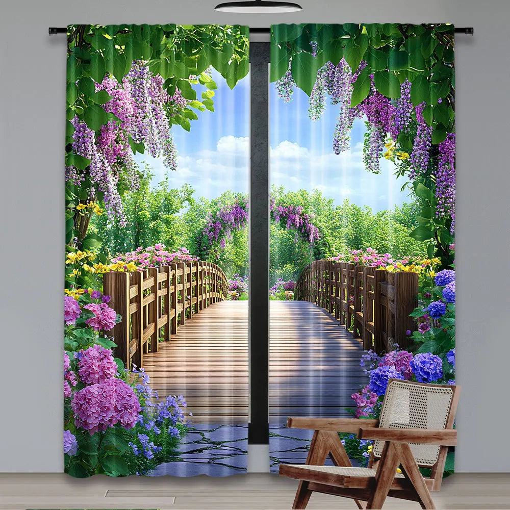 rideau impression numérique vert violet blanc paysage pont fleurs feuilles 75x166cm 105x230cm 130x210cm