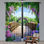 rideau impression numérique vert violet blanc paysage pont fleurs feuilles 75x166cm 105x230cm 130x210cm