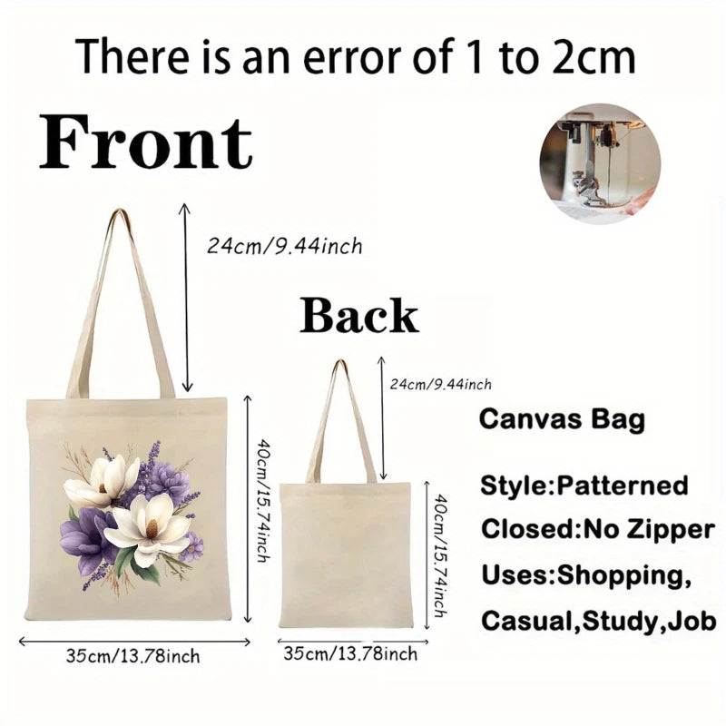 sac main toile beige fleurs blanches violettes poignées réutilisable écologique multifonctionnement
