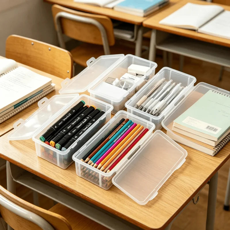 lot boites rangement plastique transparentes couvercles crayons feutres maison