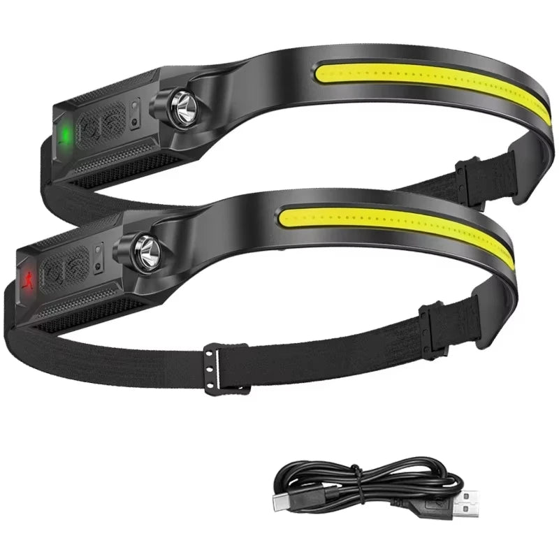 lampe frontale led rechargeable noire jaune modes luminosité réglable camping randonnée