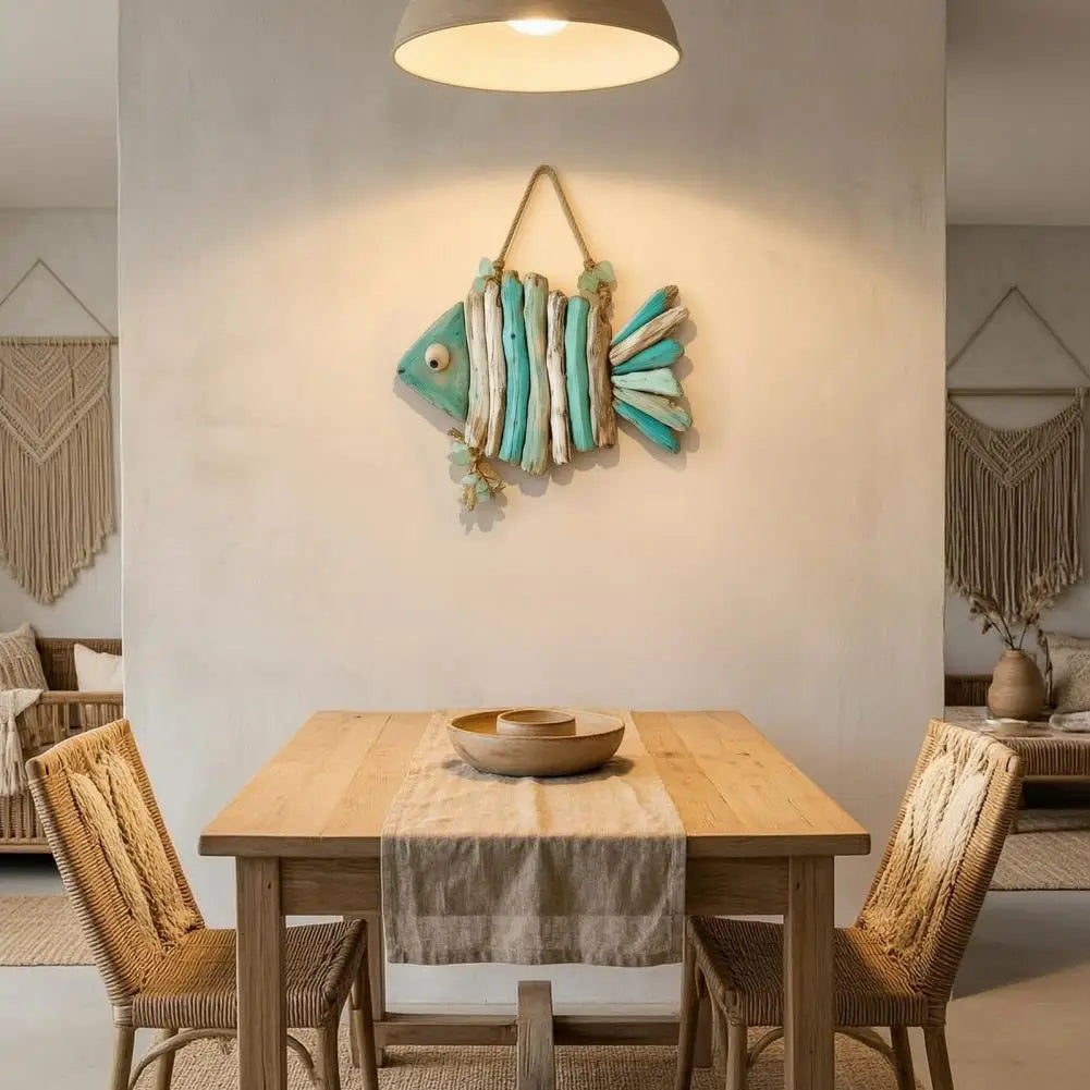 décoration murale poisson bois flotté vert clair rustique artisanal cordelette enchanvre