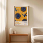 affiche murale moderne tournesol floral jaune bleu blanc cadre bois chambre salon decoration art