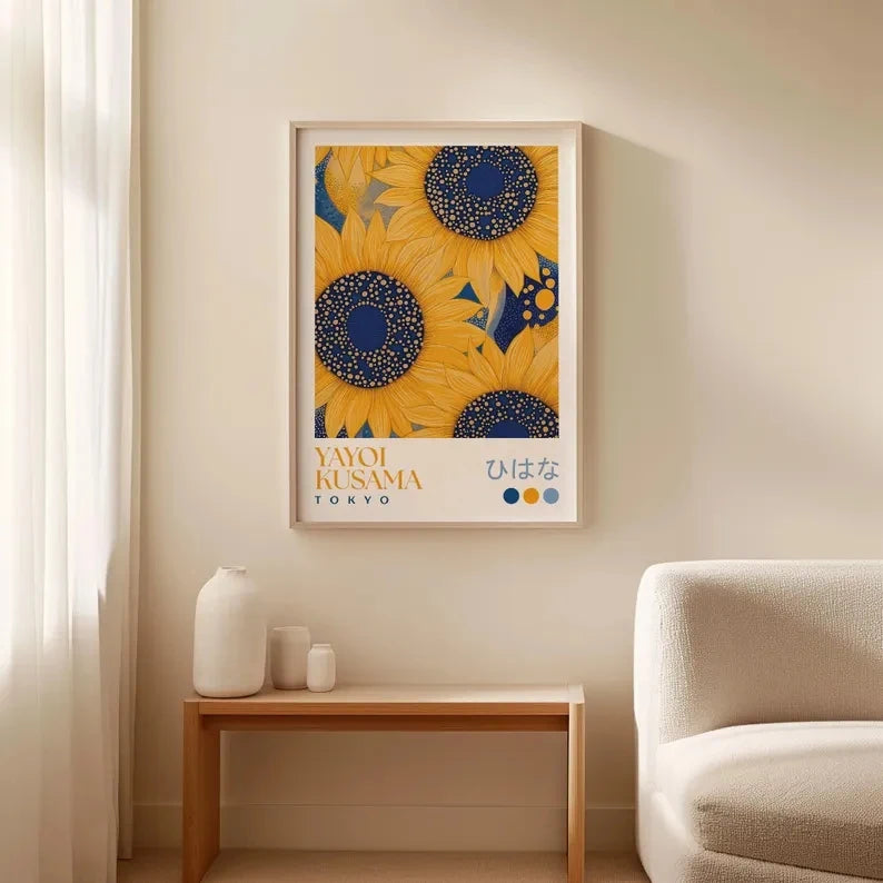 affiche murale moderne tournesol floral jaune bleu blanc cadre bois chambre salon decoration art