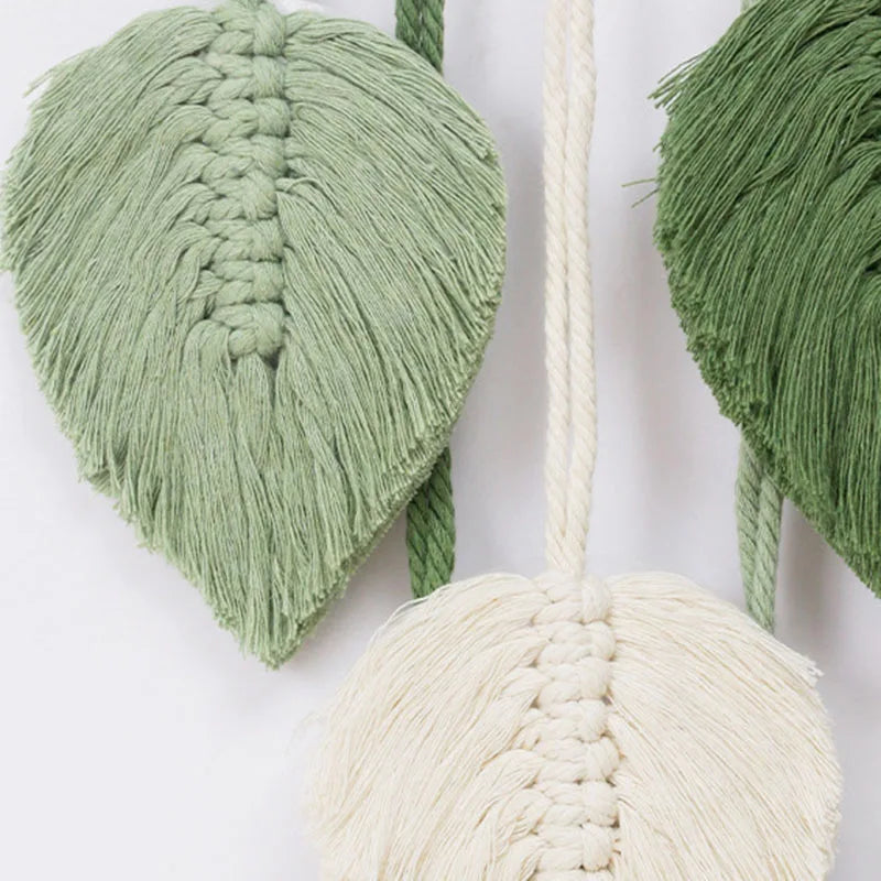 décoration murale boho feuilles tissées vert blanc marron rose gris suspension