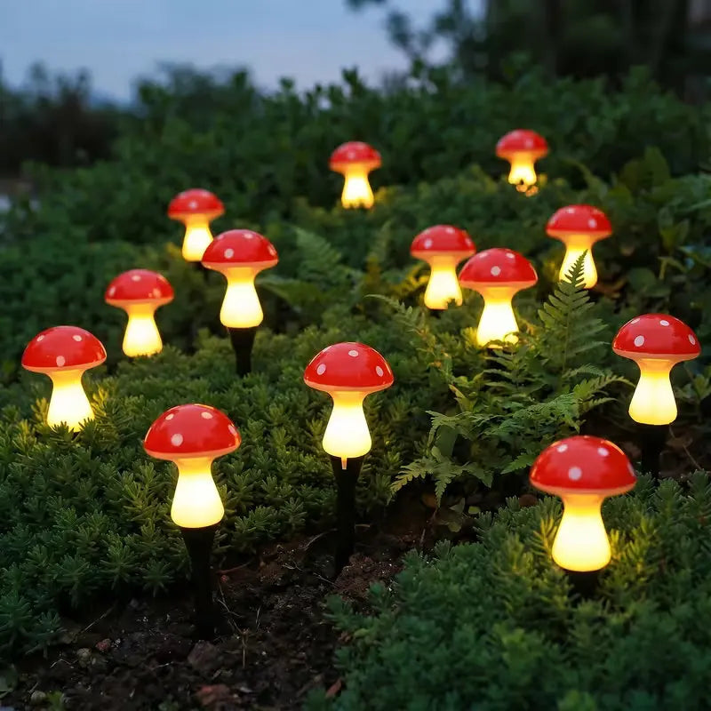 lampe solaire extérieure champignon rouge blanche jaune points blancs moderne ludique piquet noir autoinstallationextérieur