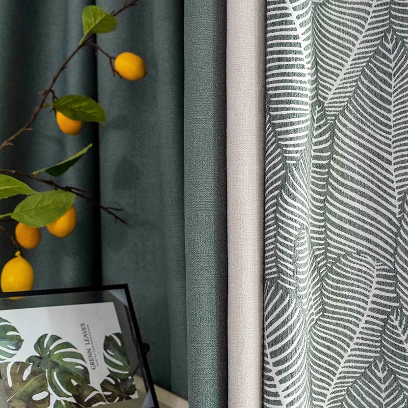 rideau opaque moderne motif feuilles lin gris beige vert foncé salon chambre fenêtre maison