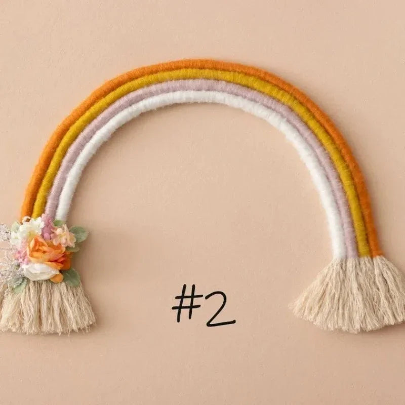 décoration arc ciel tissé franges bohème artisanal nouveau né photo chambre bébé rose blanc