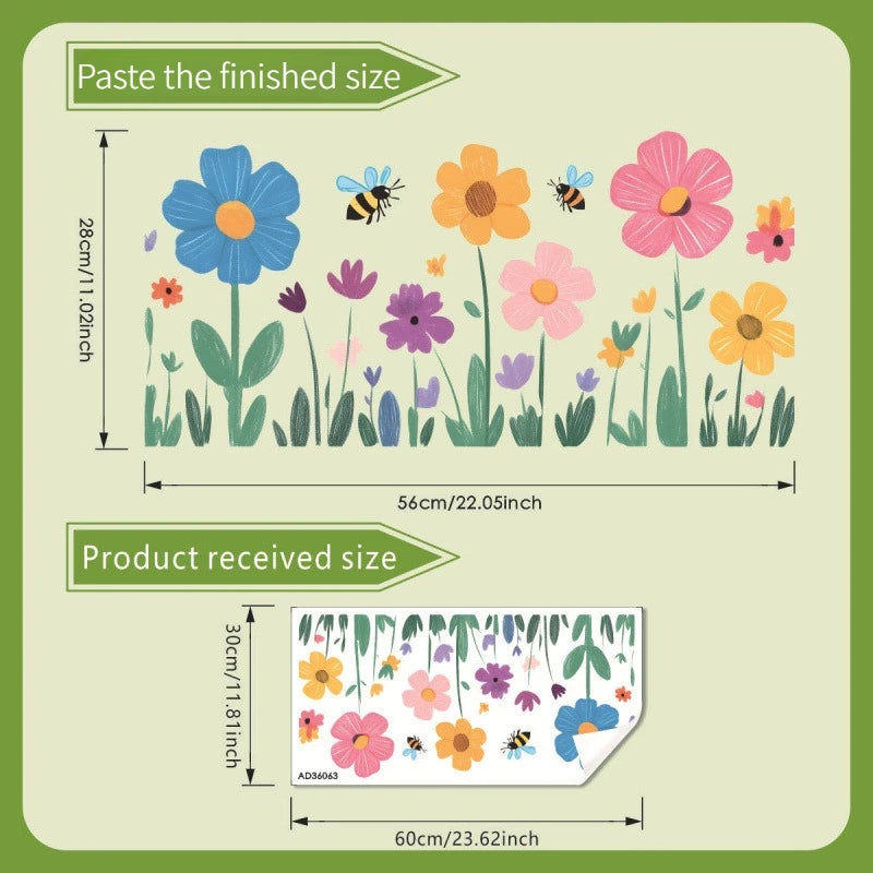 autocollant mural fleurs abeilles coloré cartoon enfantin adhésif bleu jaune rose violet vert opaque