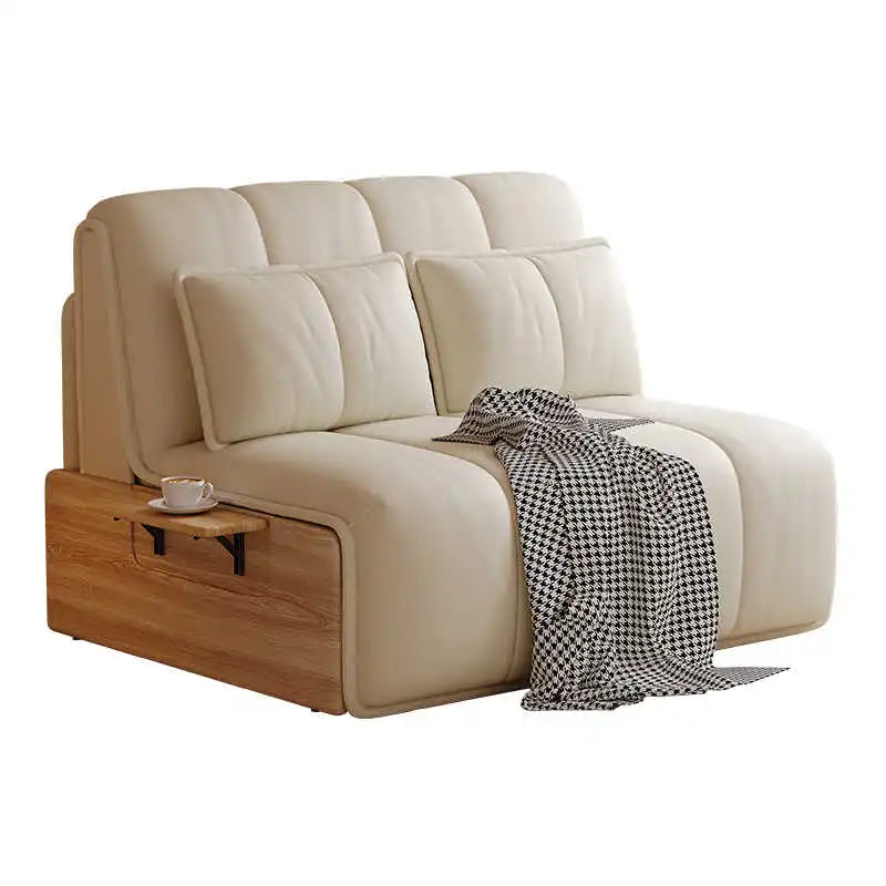 canapé lit extensible canapé moderne simili cuir beige clair coussins tablette intégrée tapis