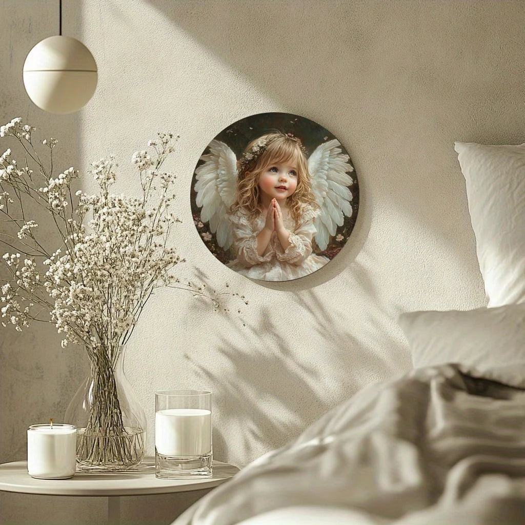 cadre mural classique ange petite fille couronne fleurs vêtements délicats bois beige romantiqueintérieur décoration