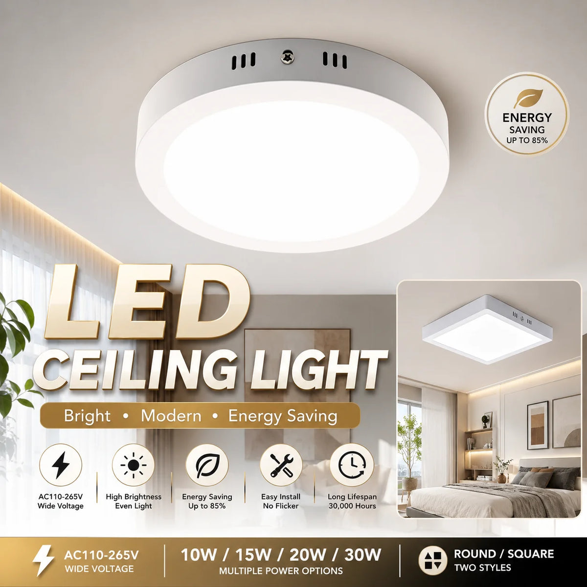 Lampe LED moderne 20W 30W blanc ultra mince éclairage intérieur