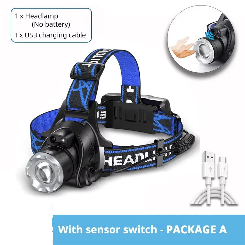 lampe frontale led noire bleue rayées moderne super lumineuse zoomable étanche camping pêche nocturne