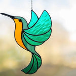 pendant oiseau suspendu vert jaune bleu artisanal tiffany motifs géométriques translucides chambre maison jardin