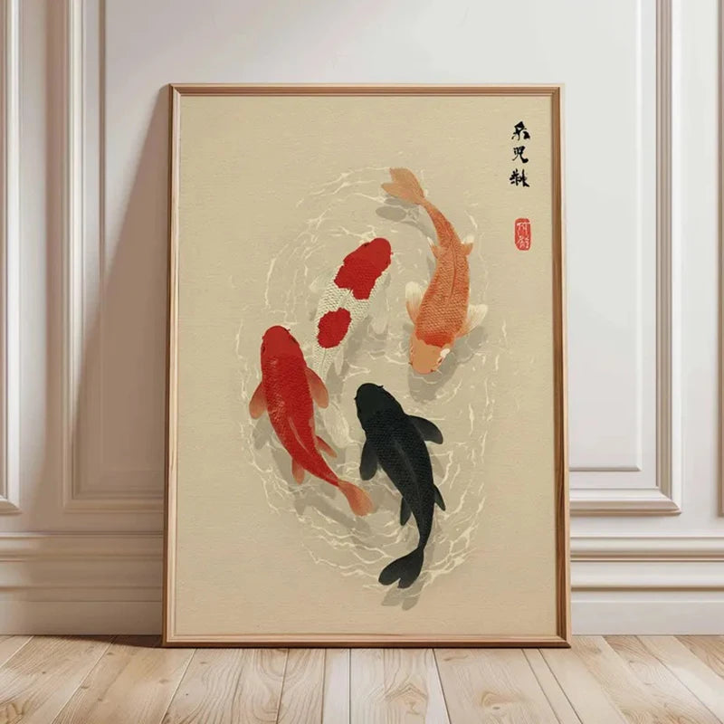 toile d'art moderne poissons stylisés beige rouge minimaliste abstraite 30x45cm 40x60cm 50x75cm