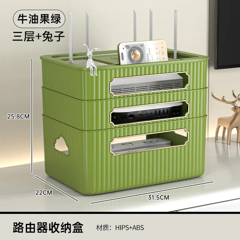 boîte rangement routeur décodeur tv gestion câbles organisateur moderne vert beige épuré