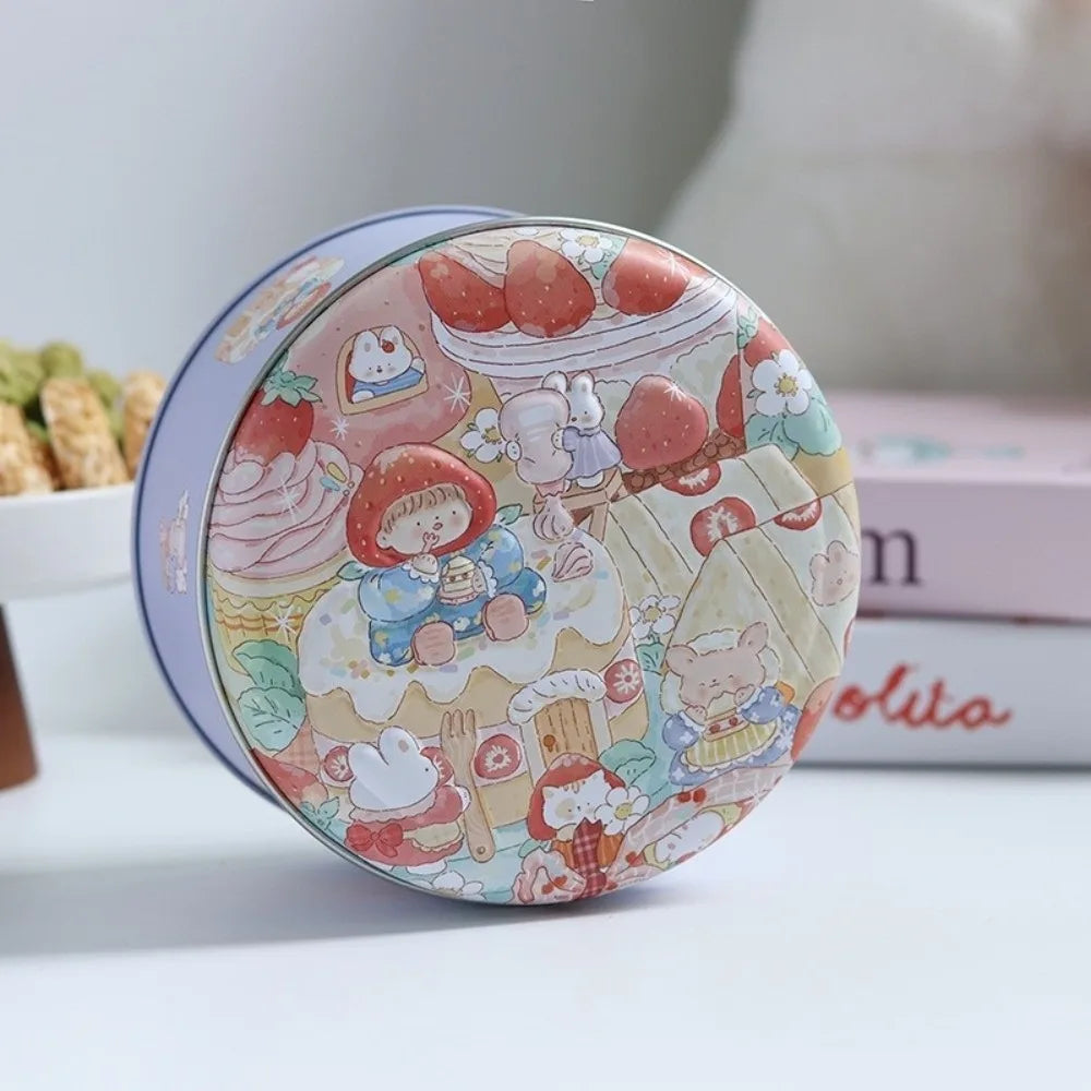 boîtes rondes métal dessin animé ours lapins fruits cuisine beiges vertes roses