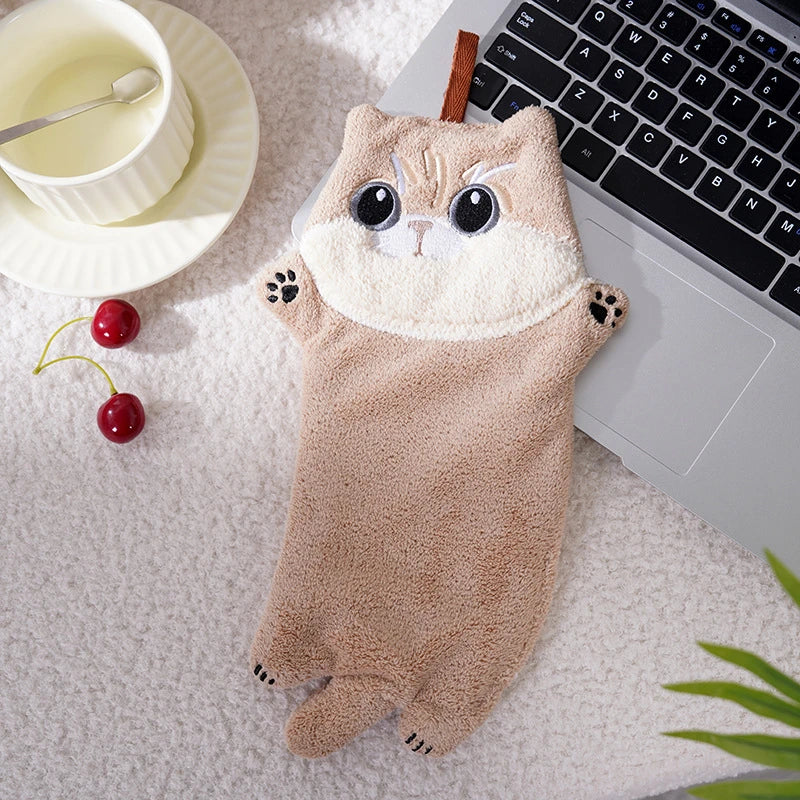 serviette toilette gant noir chat peluche super absorbante cordon cuisine salle bain