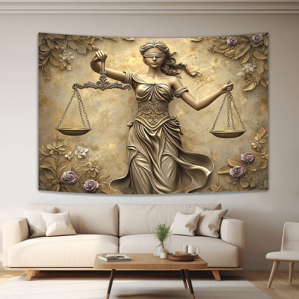toile d'art statue justice balances fleurs classique baroque polyestère beige doré moderne salon chambre
