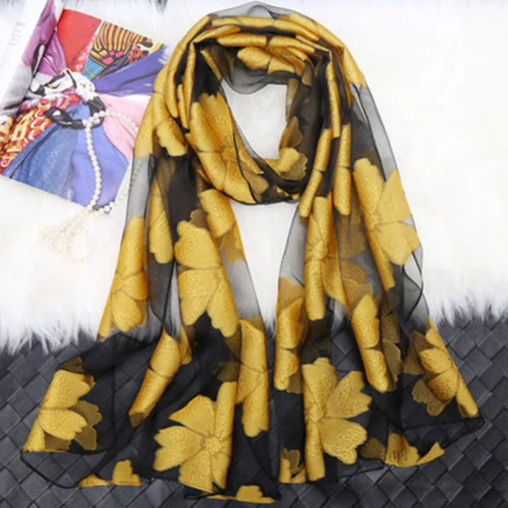 écharpe fleur printemps été femme extérieure polyester longue mode feuilles transparente