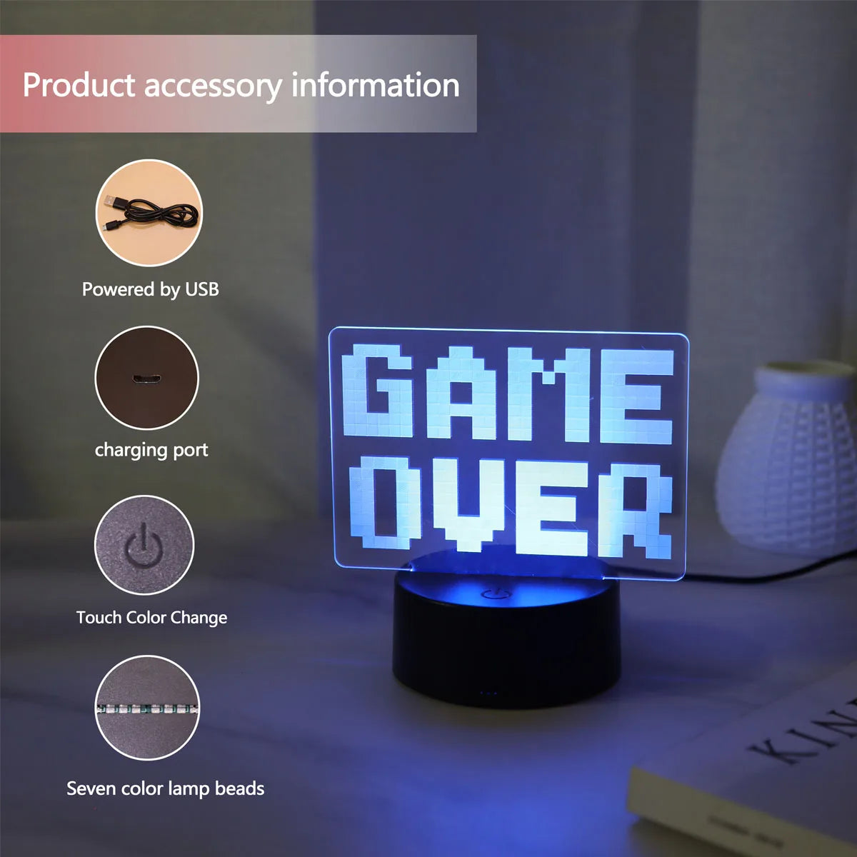 lampe led pixel art game over tactile couleur noire blanche bleue verte rouge jaune