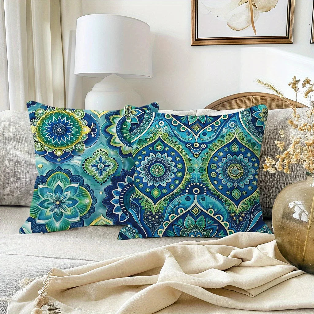 housse coussin motif mandala bleu vert polyester peacheskin zip fermure ethnique decoration maison chambre