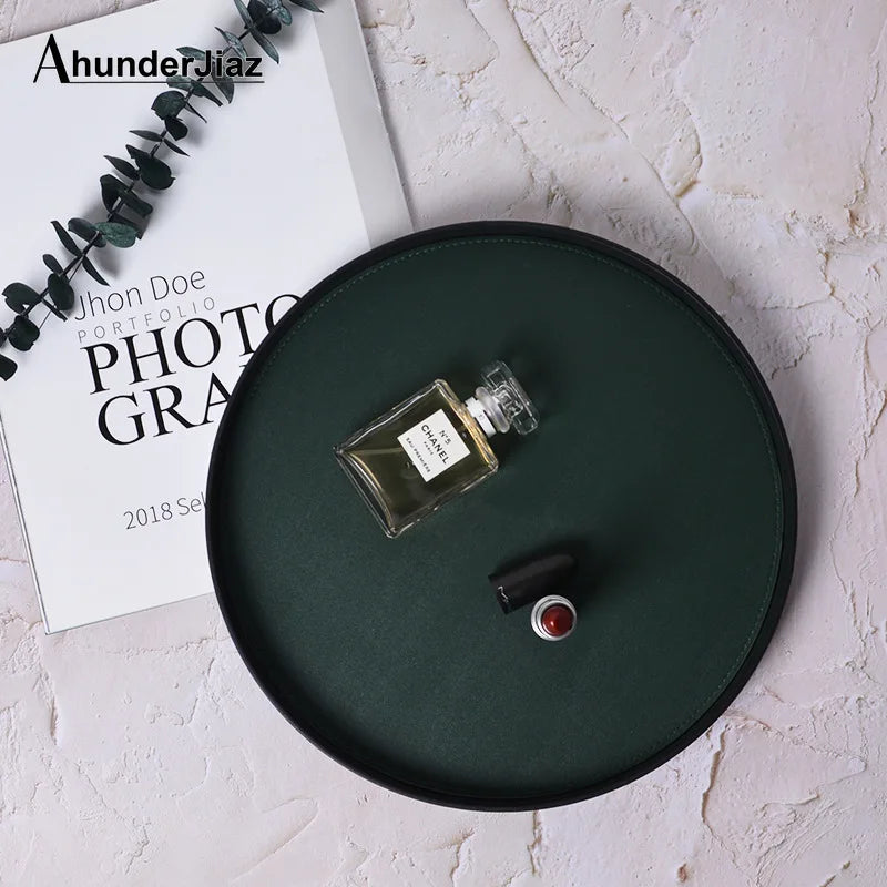 présentoir rond moderne plateau uni vert foncé orange noir maquillage soins parfums cosmétiques table