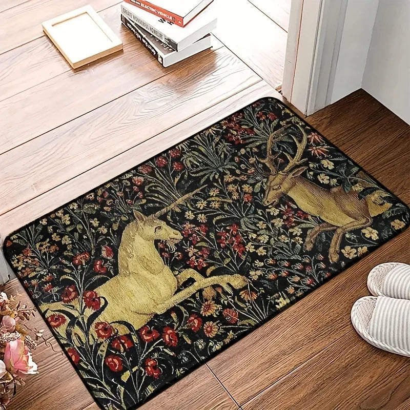 tapis sol antidérapant motif floral unicorn médiéval couleur noire jaune rouge vert blanc