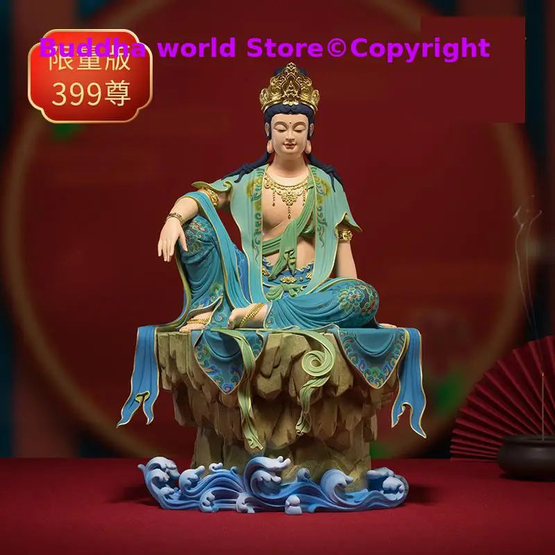 statue bouddha guanyin bleu turquoise vert bronze traditionnelle chinoise décoration florale or 24k