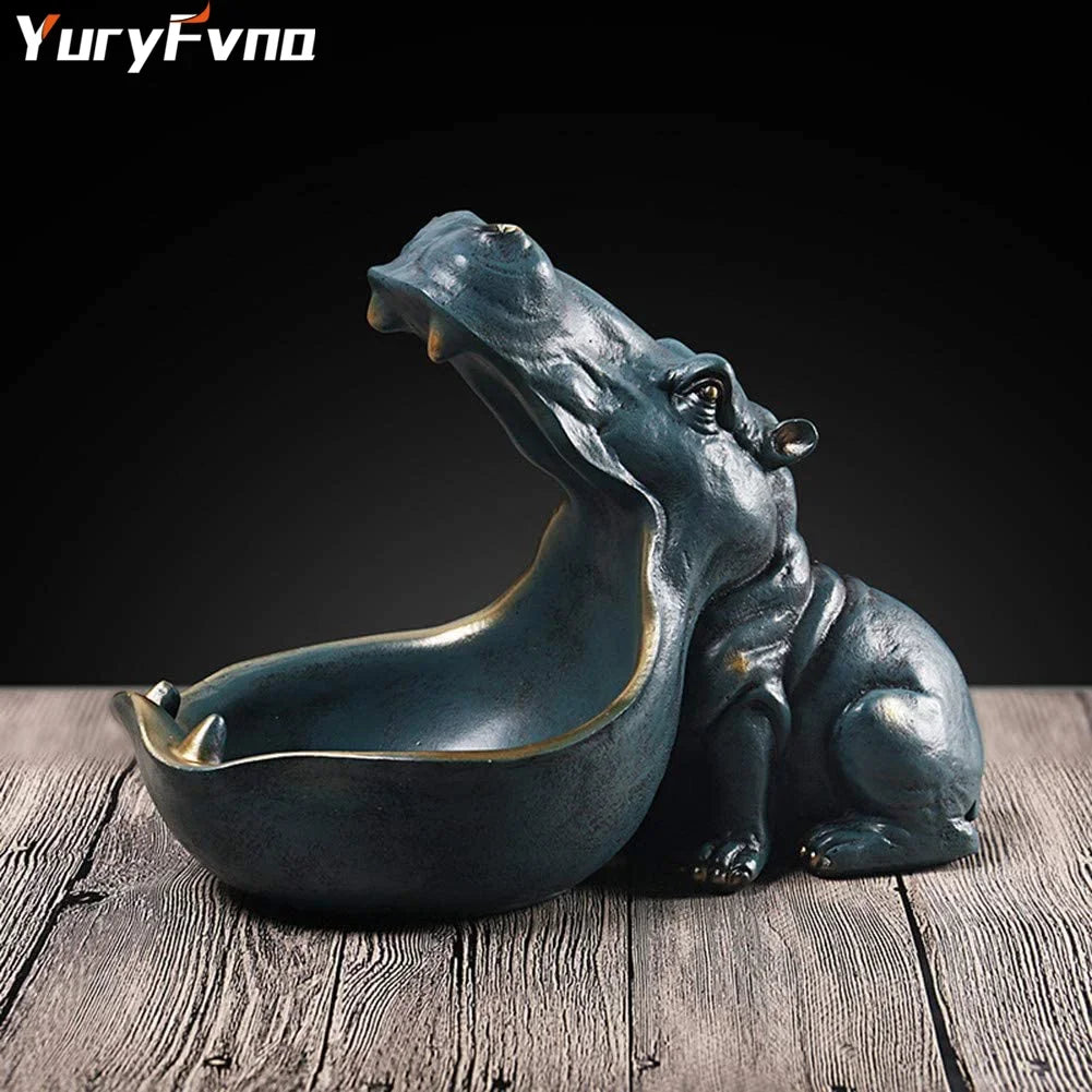 figurine hippopotame résine bleu foncé décoration table contemporaine animalier téléphone rehausseur