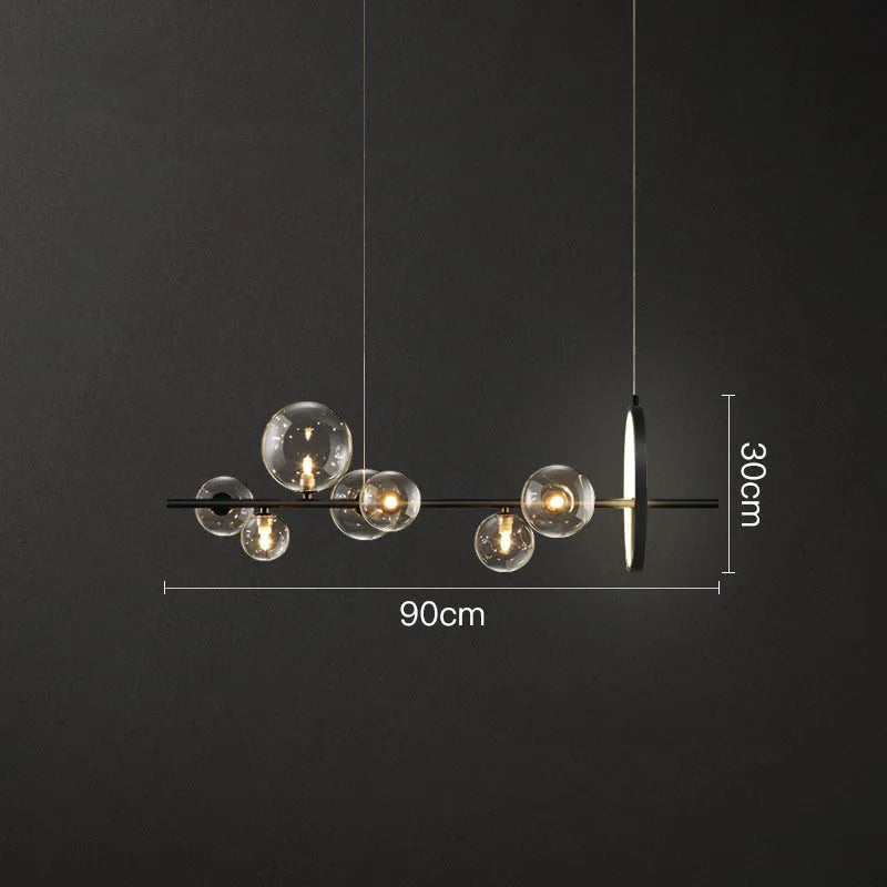 suspension lumineuse moderne noir boules transparentes scandinave chaînes suspendues interrupteur poussoir lumière salon cuisine