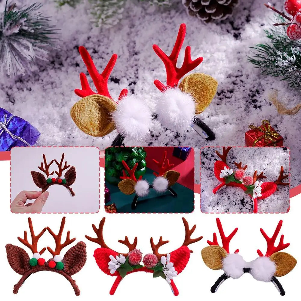 couronne cerf rouge marron blanche peluche crochetée festive élastique pompons fleurs artificielles