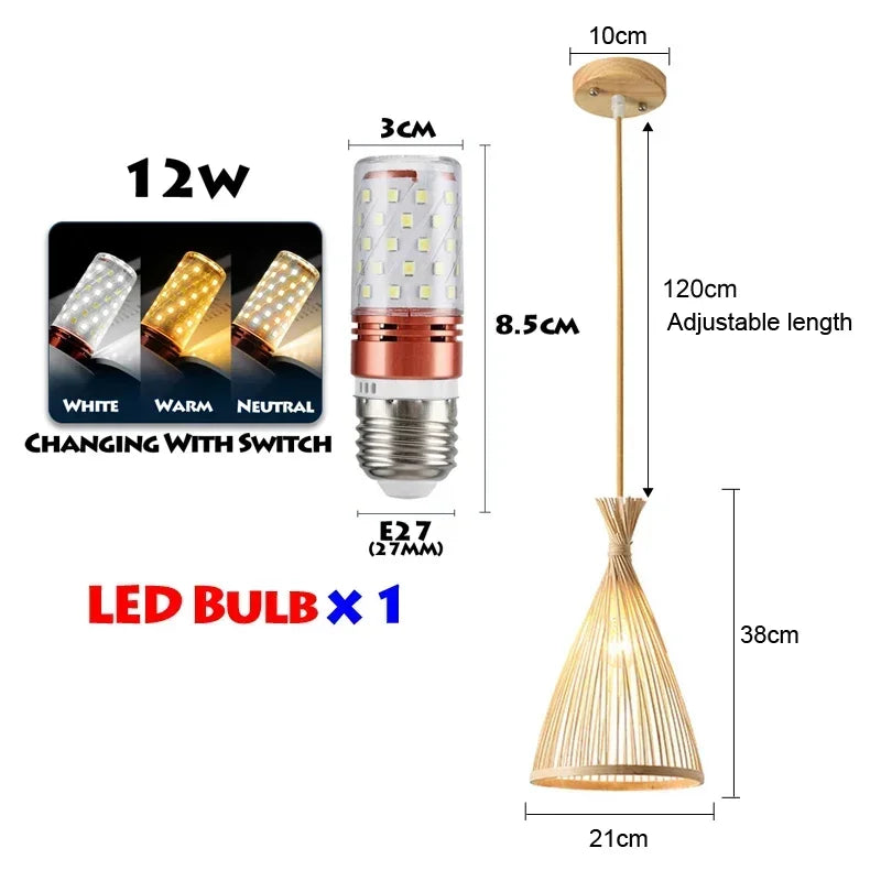 suspension lumineuse bois tressée moderne ampoule led câble électrique chambre salon