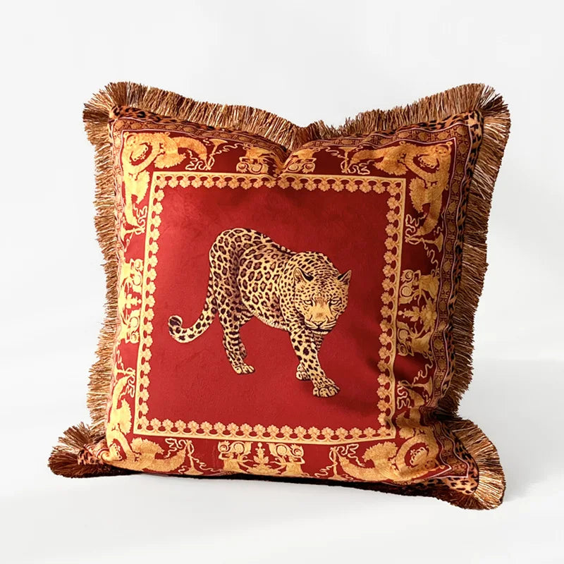 housse coussin carré léopard doré franges velours coton polyester décoration sofa chambre voiture