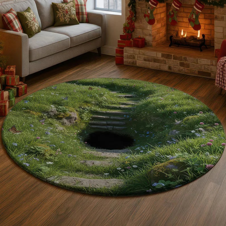 tapis rond herbe motif floral pierre moderne vert salon chambre extérieur
