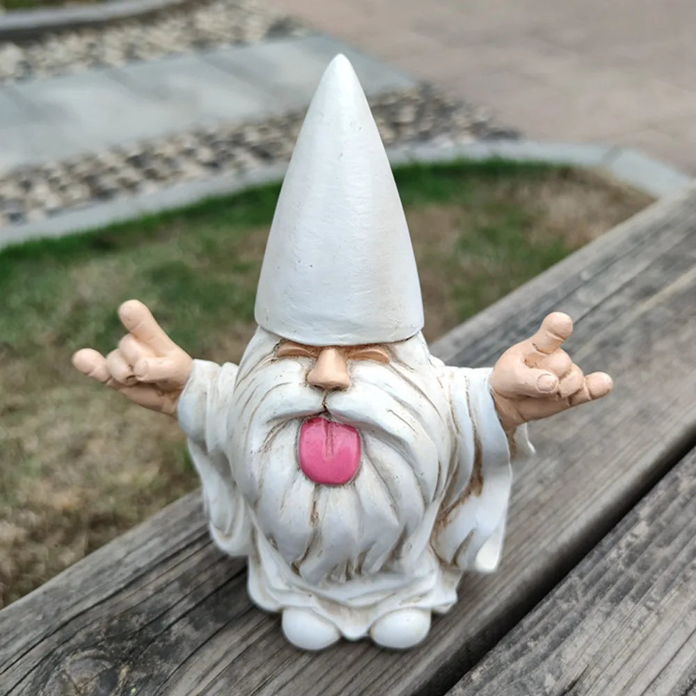 statue gnomes decoratifs resine blanche langue rose barbe cheveux chapeau pointu humoristique rocker vase