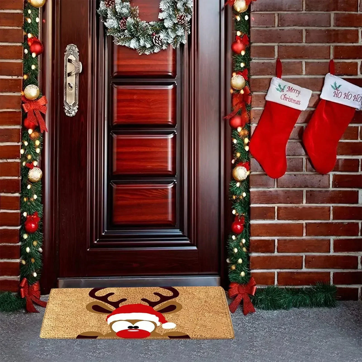 tapis d'entrée noël rennes lutins chaussettes flocons marron rouge blanc vert
