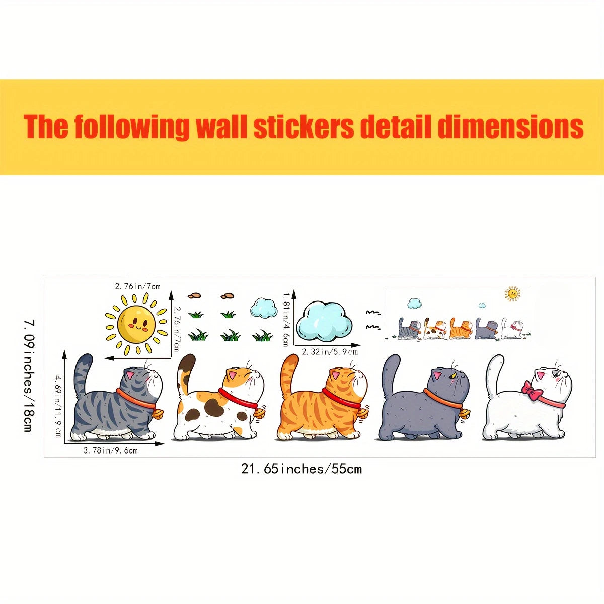 sticker mural vinyle chats nuages soleil cartoon enfants gris orange blanc bleu joyeux chambre