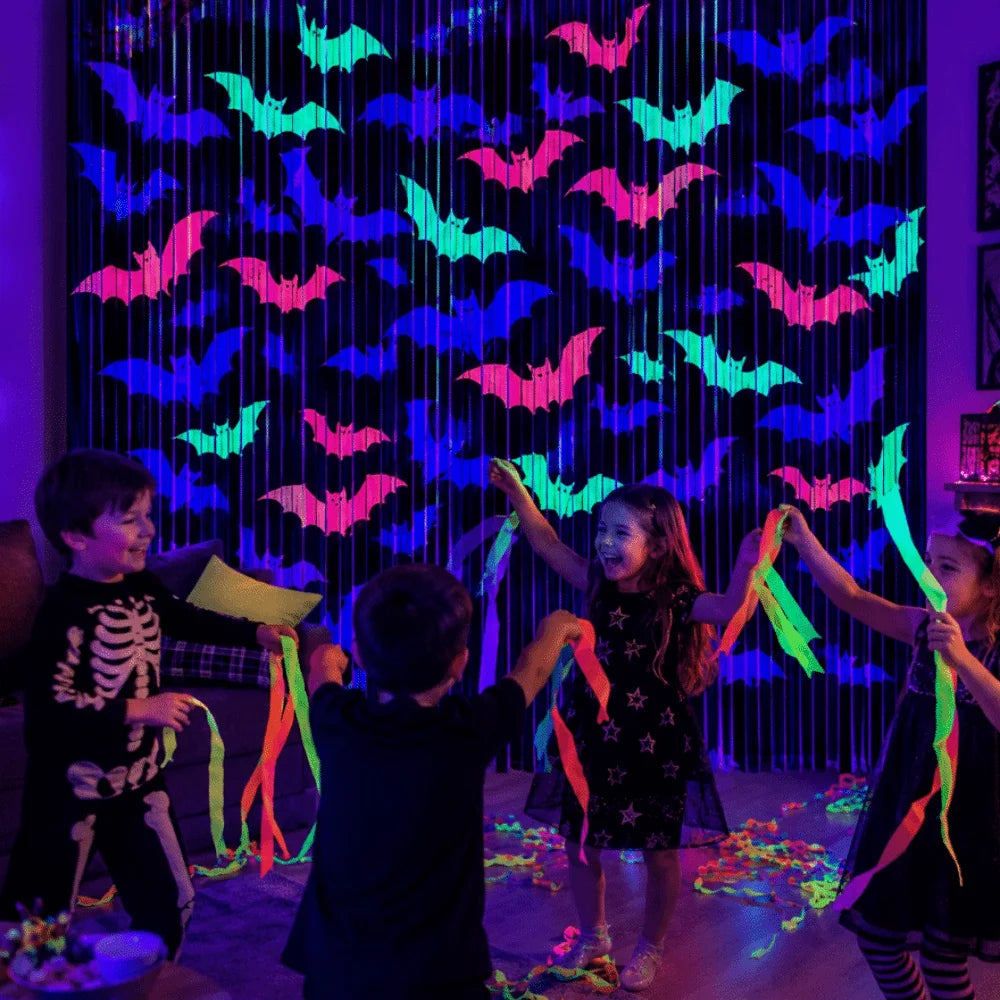 rideau guirlandes halloween chauves souris noir rose bleu vert violet opalescent