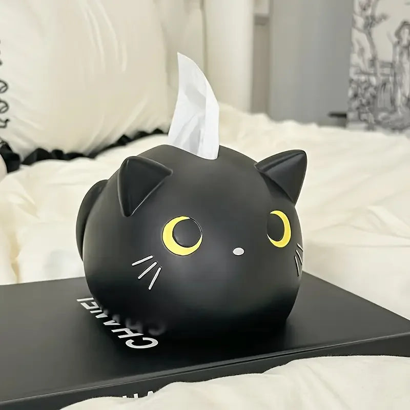 boîte mouchoirs chat noir yeux jaunes moustaches blanches kawaii moderne salon chambre