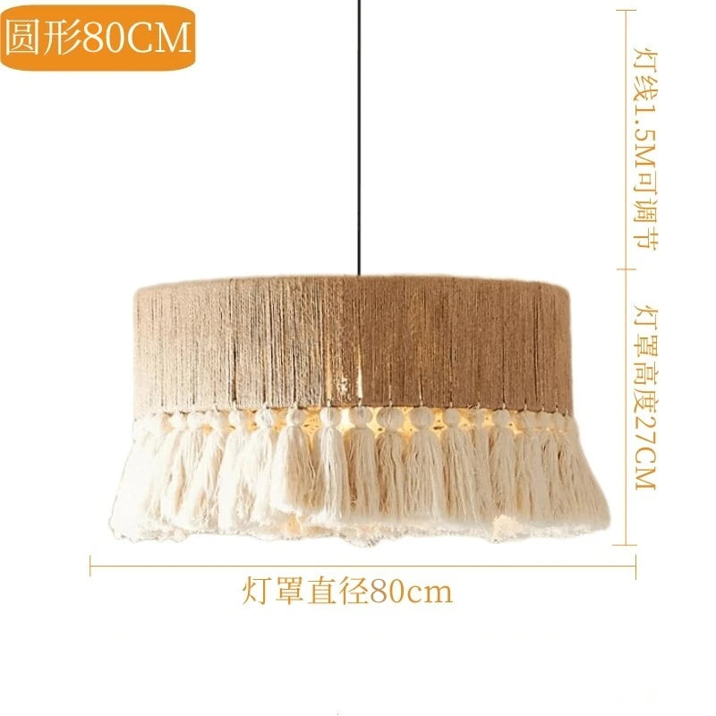 suspension lumineuse boho tissu tressé franges beige blanc rustique