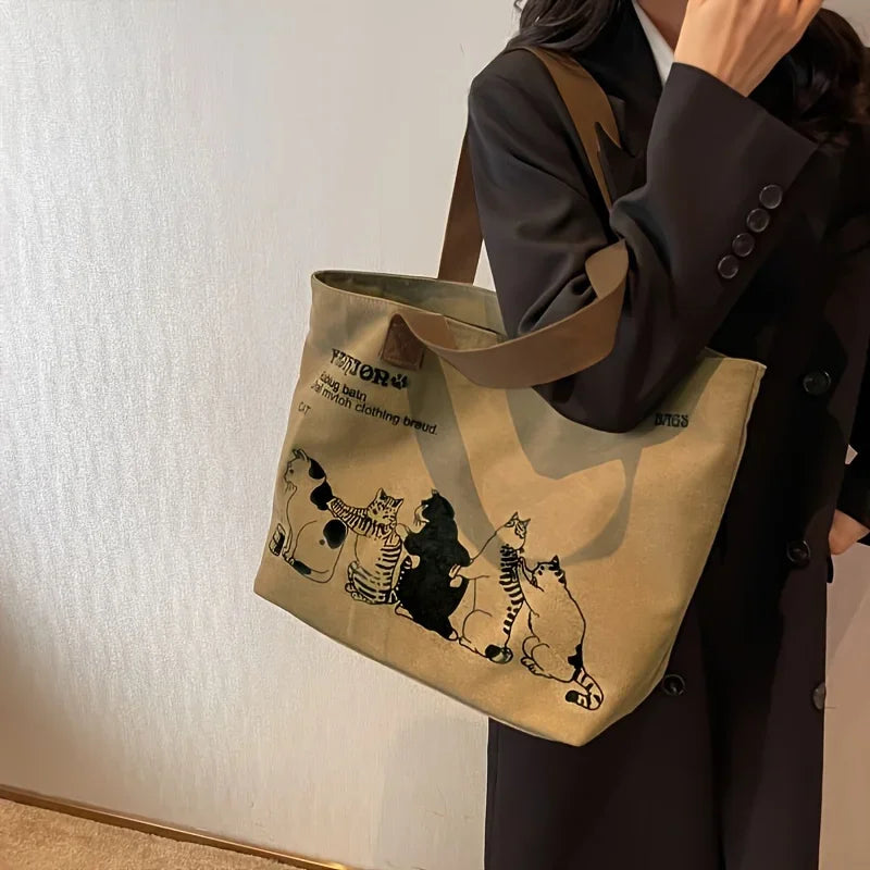 sac main marron chats casual doux polyester toile imprimés animaux fermeture éclair polyvalent