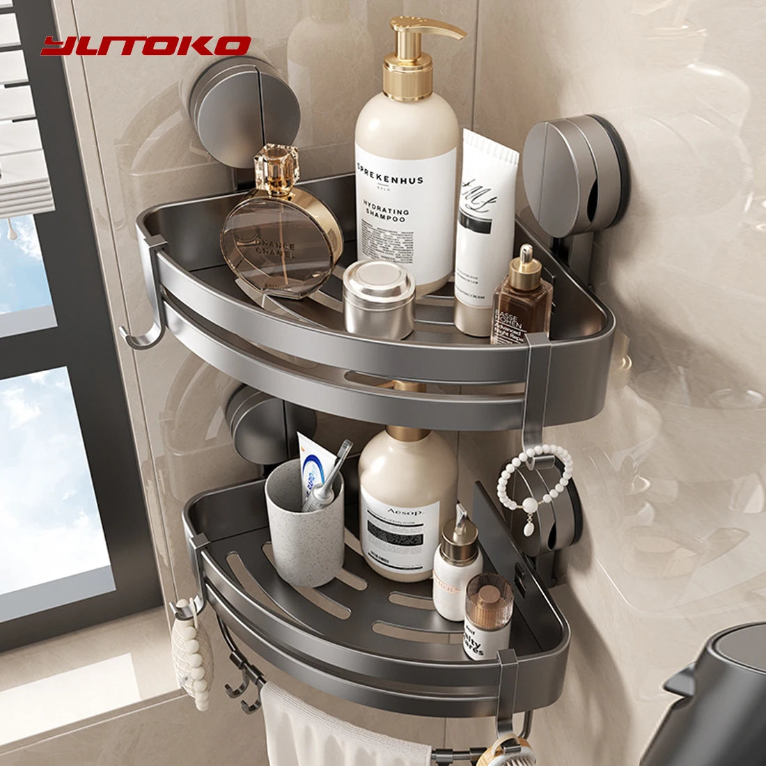 étagère salle bain angle ventouse aluminium gris moderne rangement douche serviette brosse dents crochets